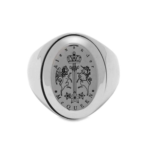 Alexander McQueen 9 10 23 Polished Silver Ring Crest Signet Seal Coat of Arms IT - Picture 1 of 13